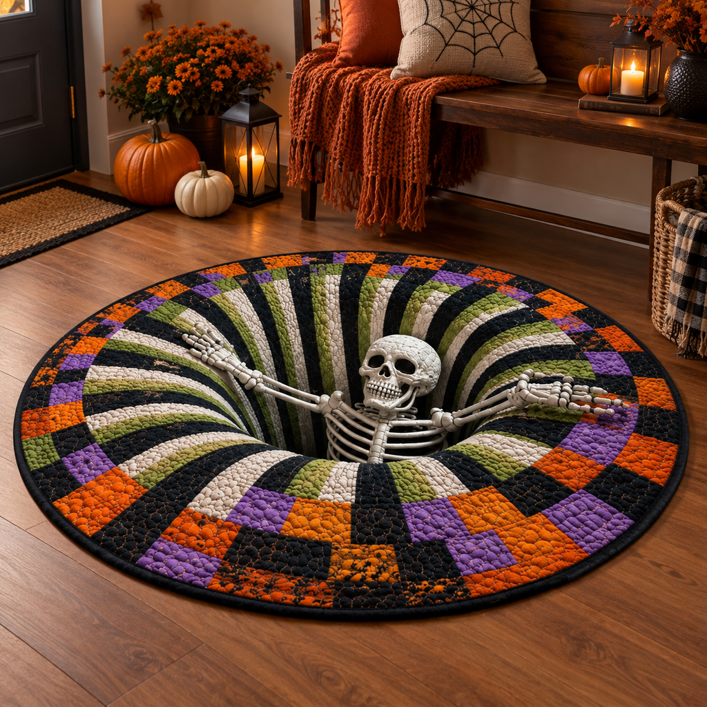 Round Halloween 3D illusion area rug with spooky seasonal designs