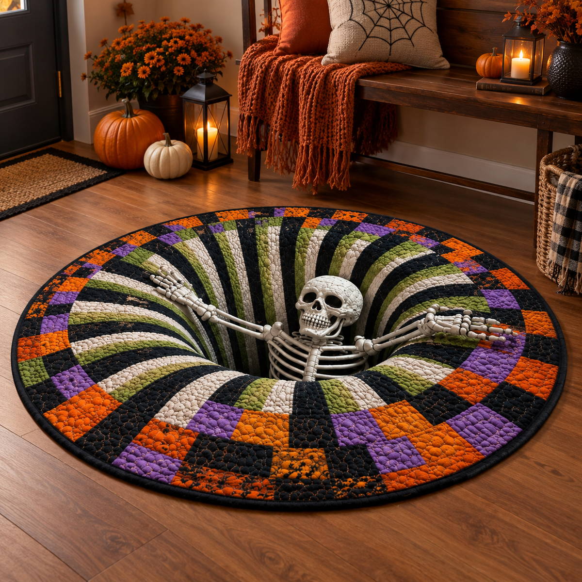 Round Halloween 3D illusion area rug with spooky seasonal designs