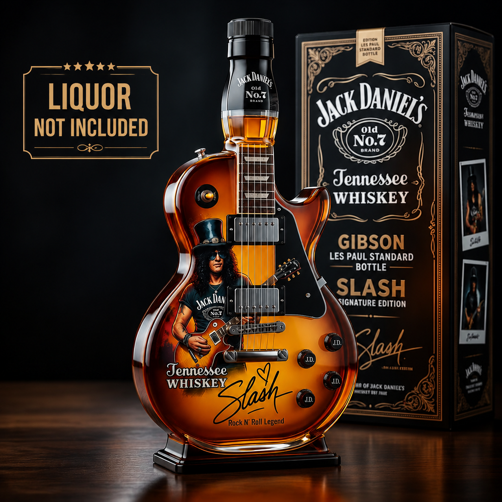 Guitar-shaped amber-toned decorative decanter with rock design and black display base