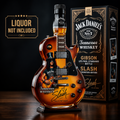 Guitar-shaped amber-toned decorative decanter with rock design and black display base