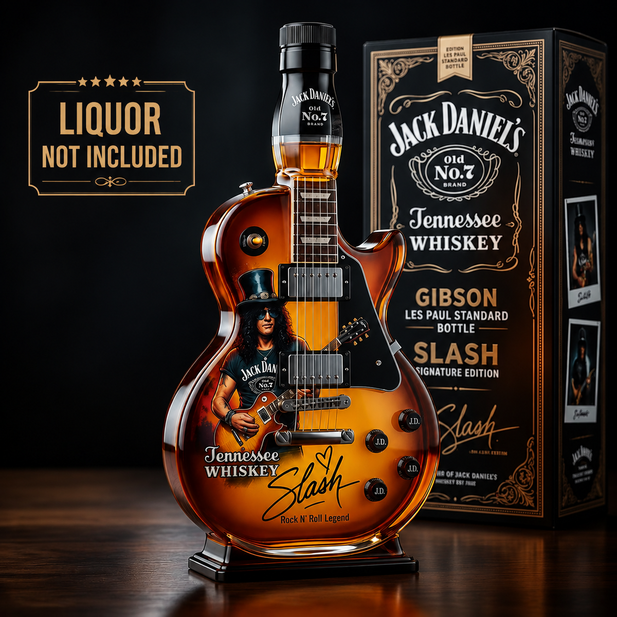 Guitar-shaped amber-toned decorative decanter with rock design and black display base