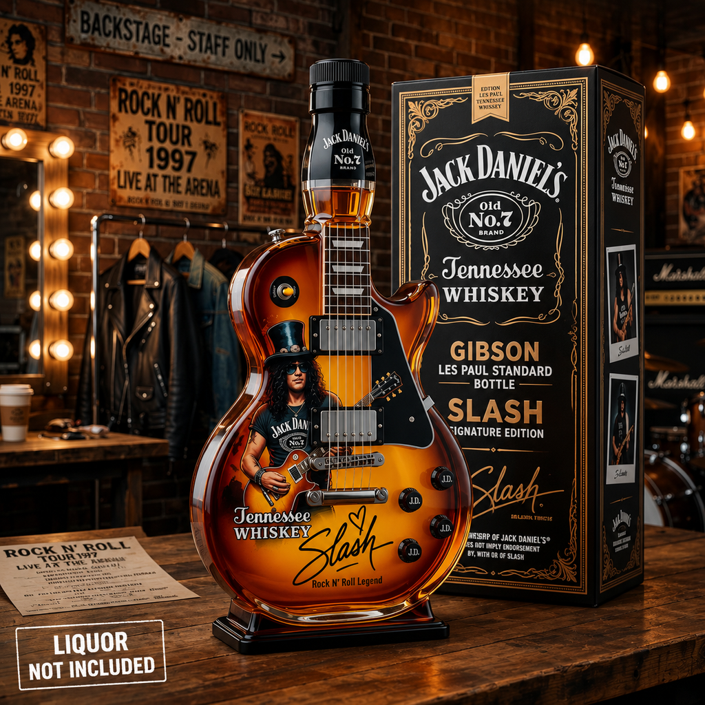 Guitar-shaped amber-toned decorative decanter with rock design and black display base