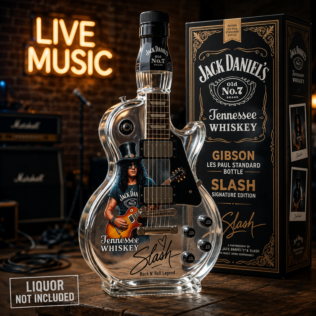 Guitar-shaped amber-toned decorative decanter with rock design and black display base