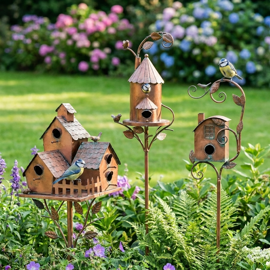 Brown decorative birdhouse garden stake with curved metal leaves