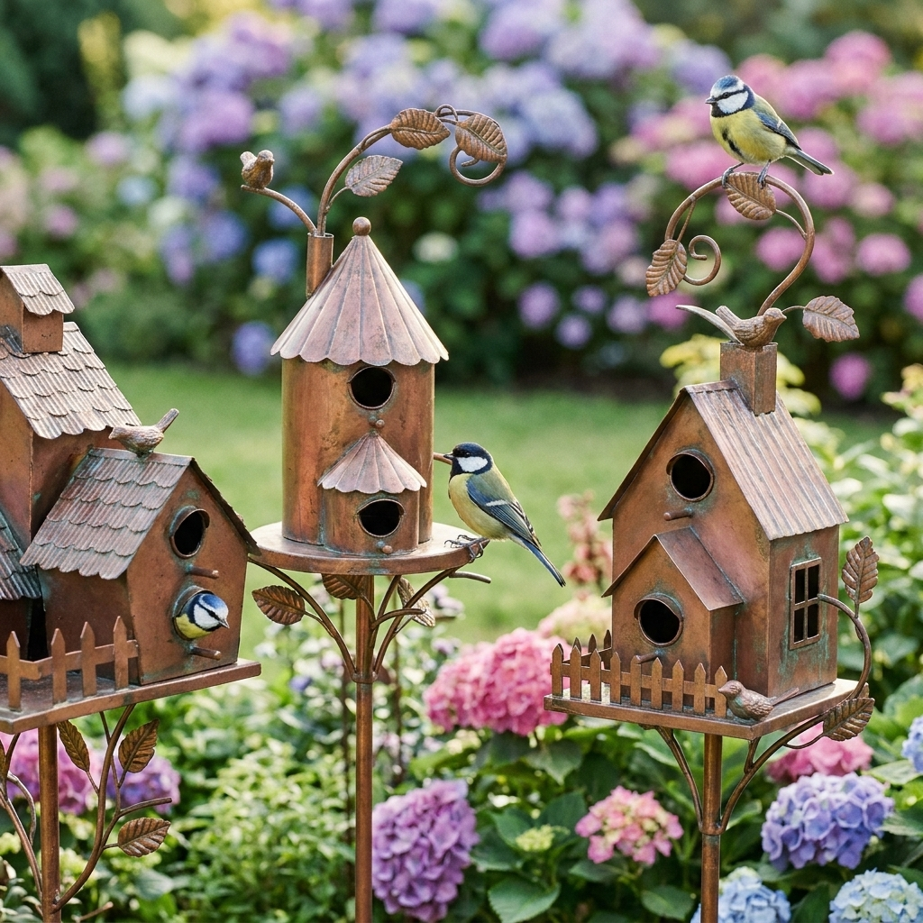 Brown decorative birdhouse garden stake with curved metal leaves