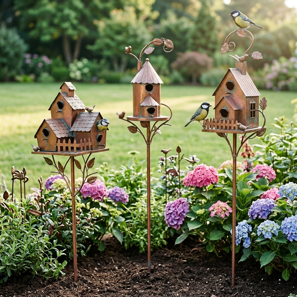 Brown decorative birdhouse garden stake with curved metal leaves