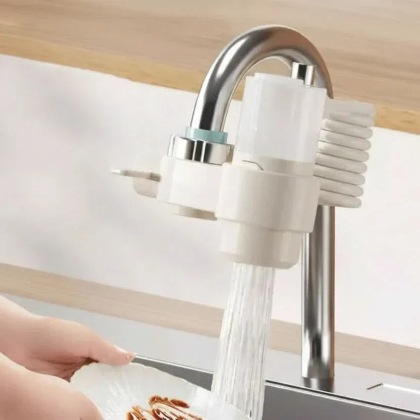 White kitchen faucet attachment with soap dispenser sponge holder and handheld sprayer