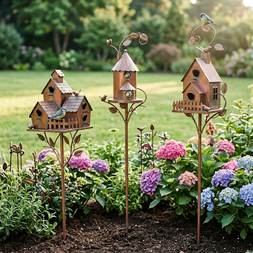 Brown decorative birdhouse garden stake with curved metal leaves