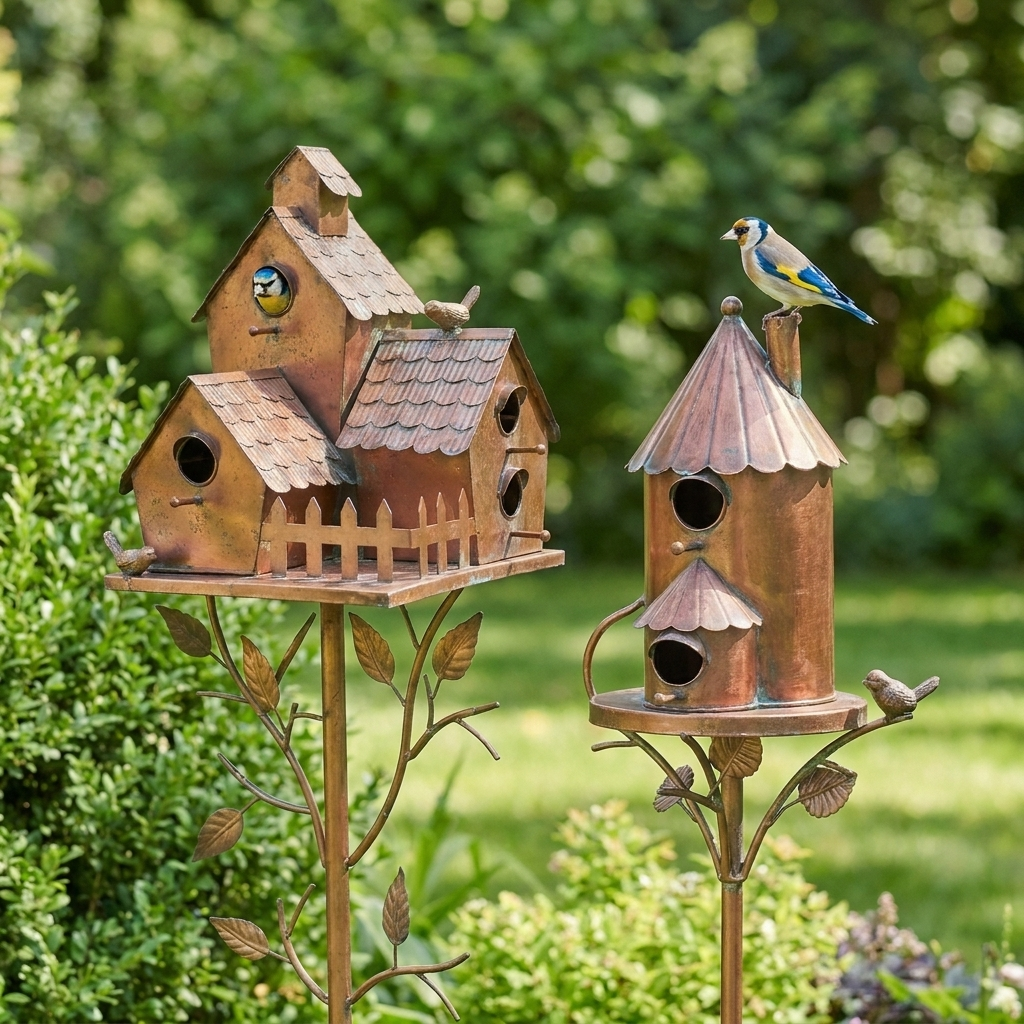 Brown decorative birdhouse garden stake with curved metal leaves
