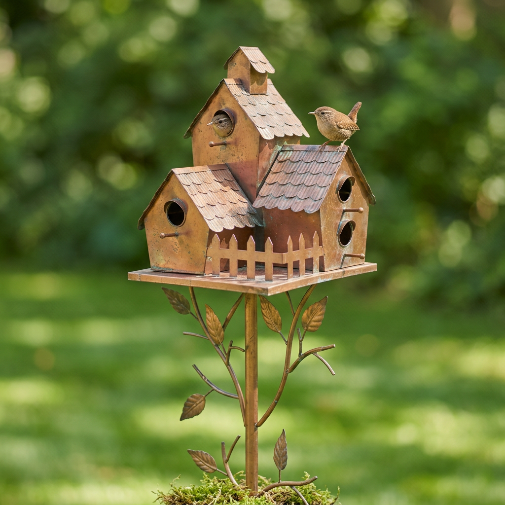 Brown decorative birdhouse garden stake with curved metal leaves