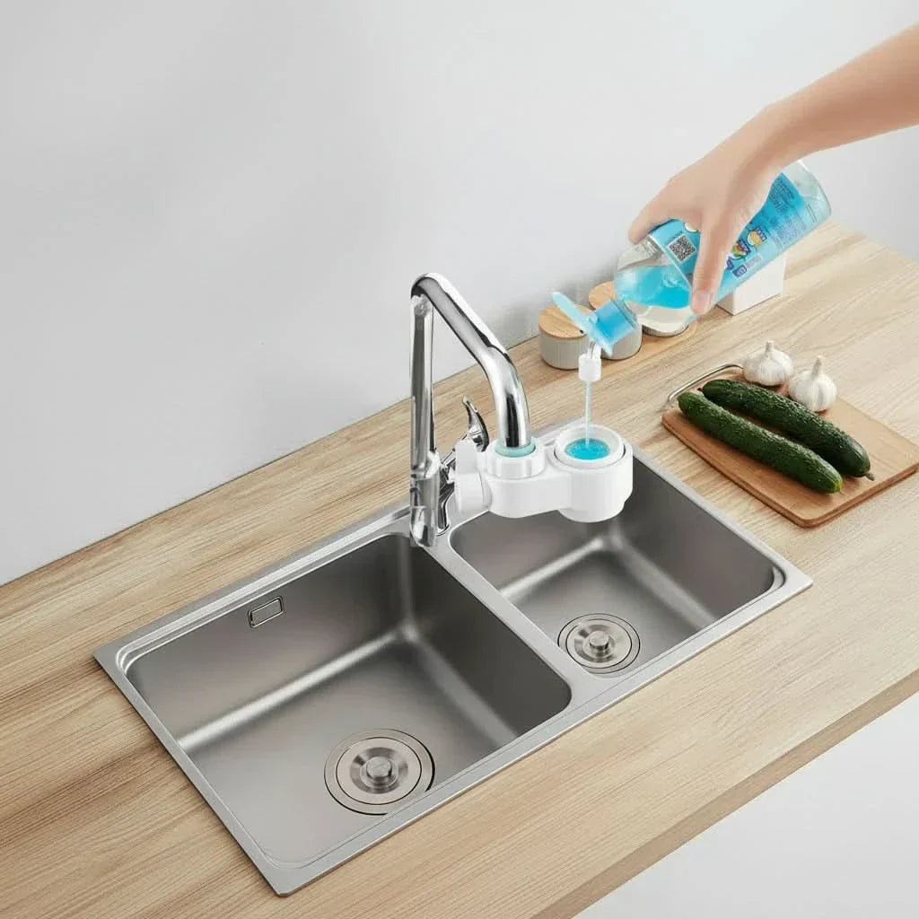 White kitchen faucet attachment with soap dispenser sponge holder and handheld sprayer