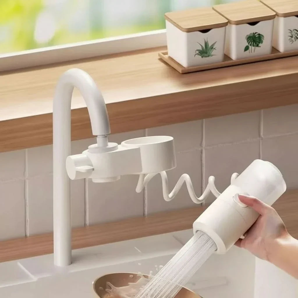 White kitchen faucet attachment with soap dispenser sponge holder and handheld sprayer