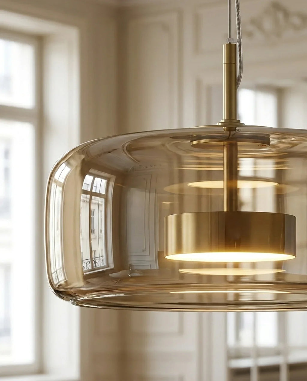 Rounded pendant light with translucent shade and hanging cord