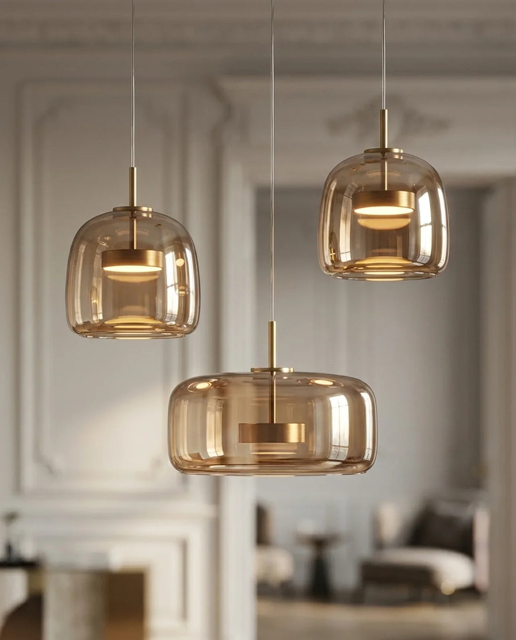 Rounded pendant light with translucent shade and hanging cord