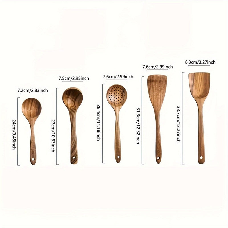 Five-piece brown wooden kitchen utensil set with spoons and spatulas