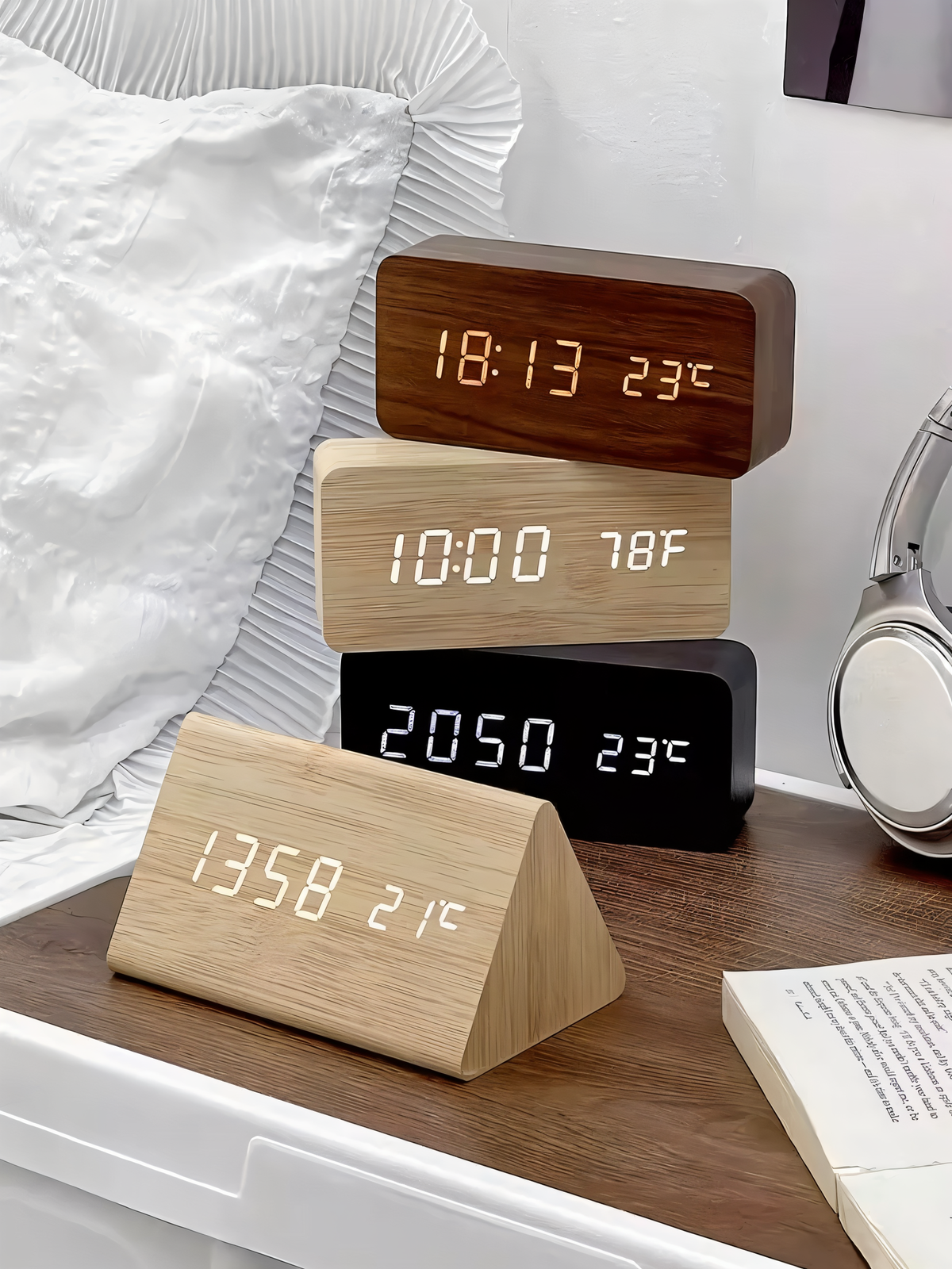 Digital alarm clock with LED time and temperature display and wood-effect front