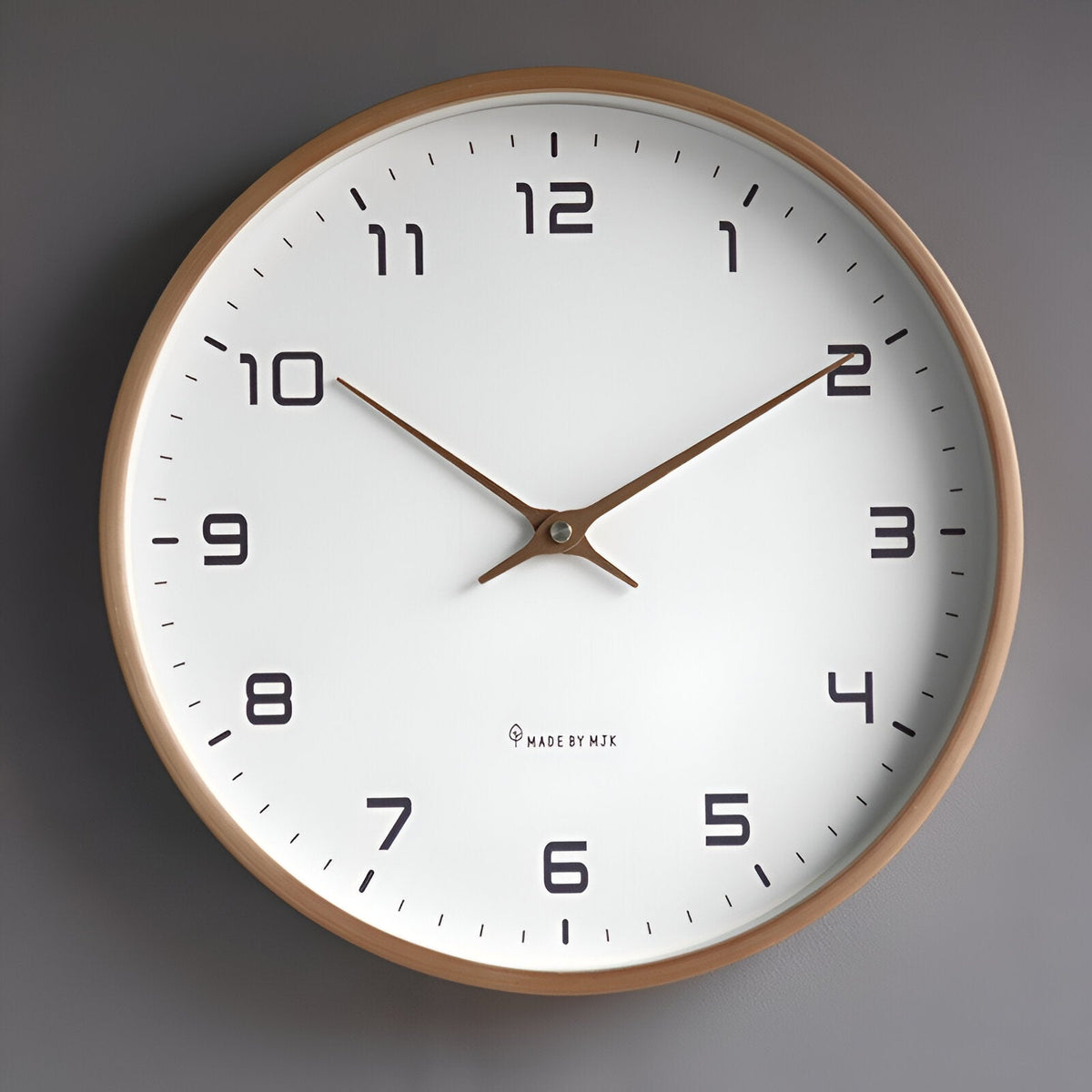 Round analogue wall clock with light dial and wood-effect frame