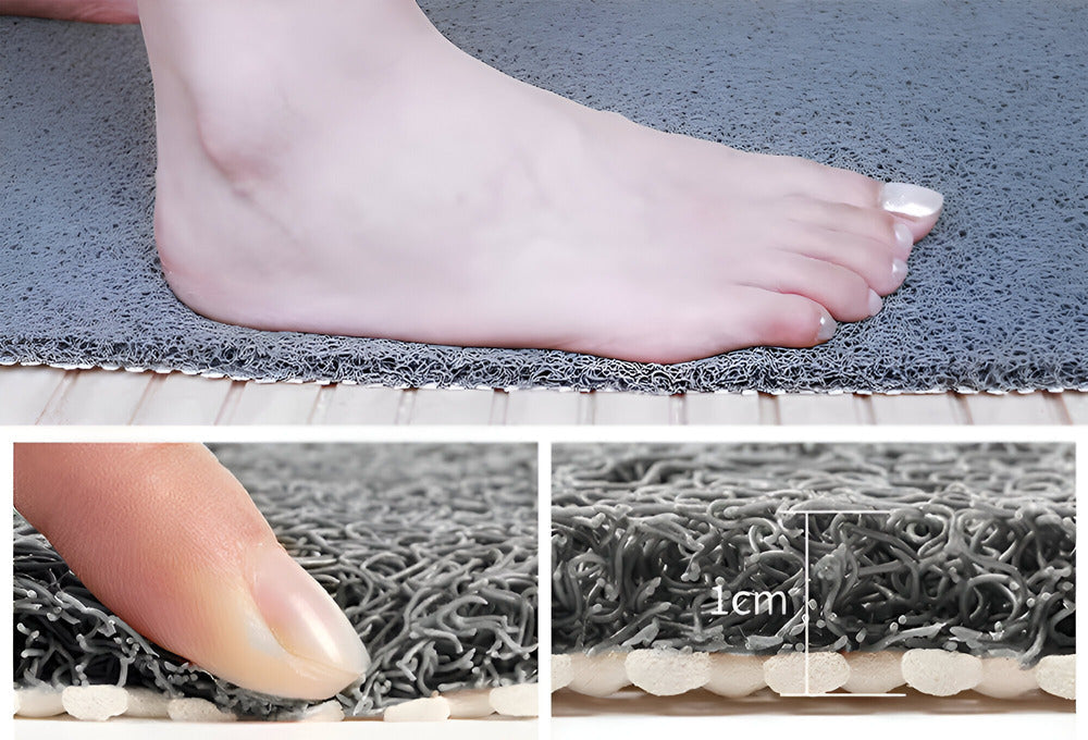 Textured rectangular bath mat with rounded corners on a bathroom floor