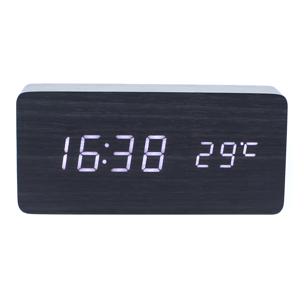 Digital alarm clock with LED time and temperature display and wood-effect front