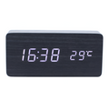 Digital alarm clock with LED time and temperature display and wood-effect front