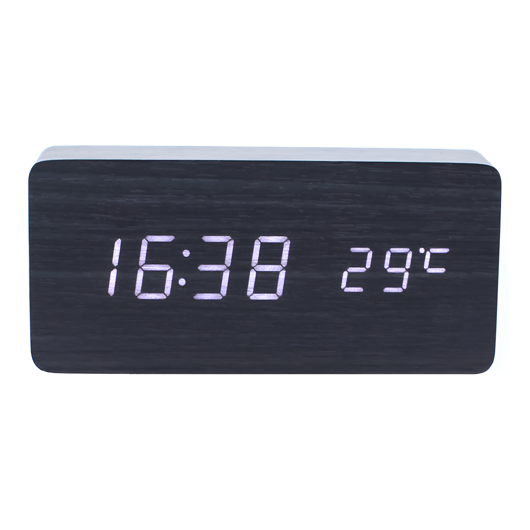 Digital alarm clock with LED time and temperature display and wood-effect front