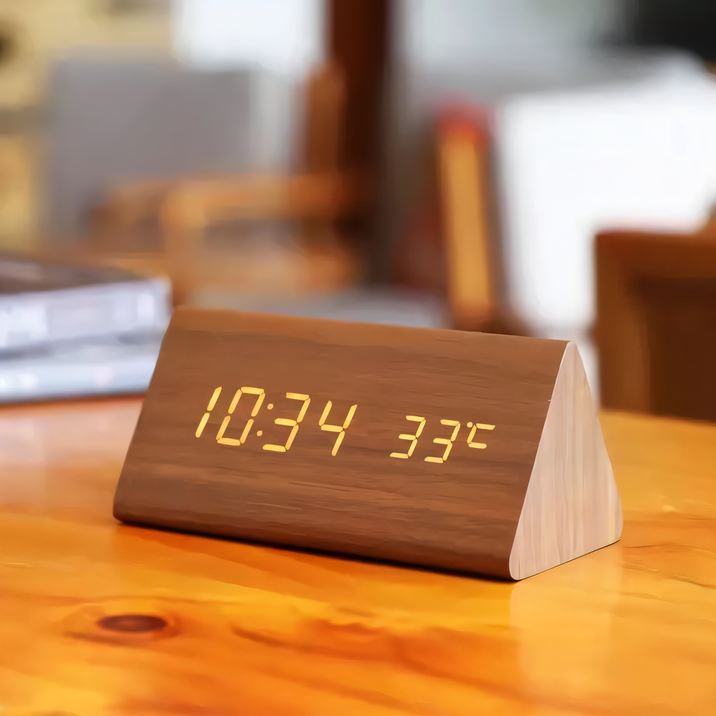 Digital alarm clock with LED time and temperature display and wood-effect front
