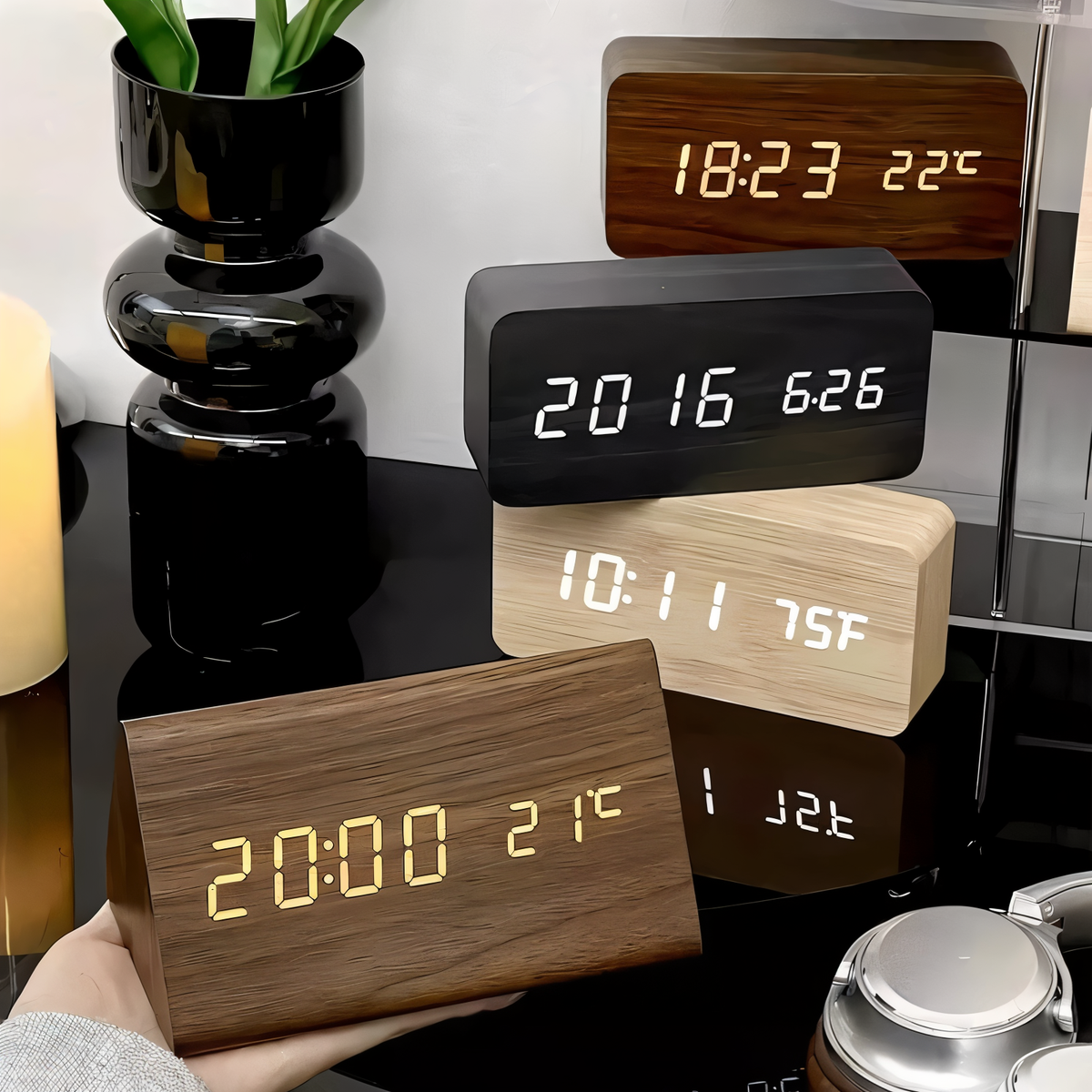 Digital alarm clock with LED time and temperature display and wood-effect front