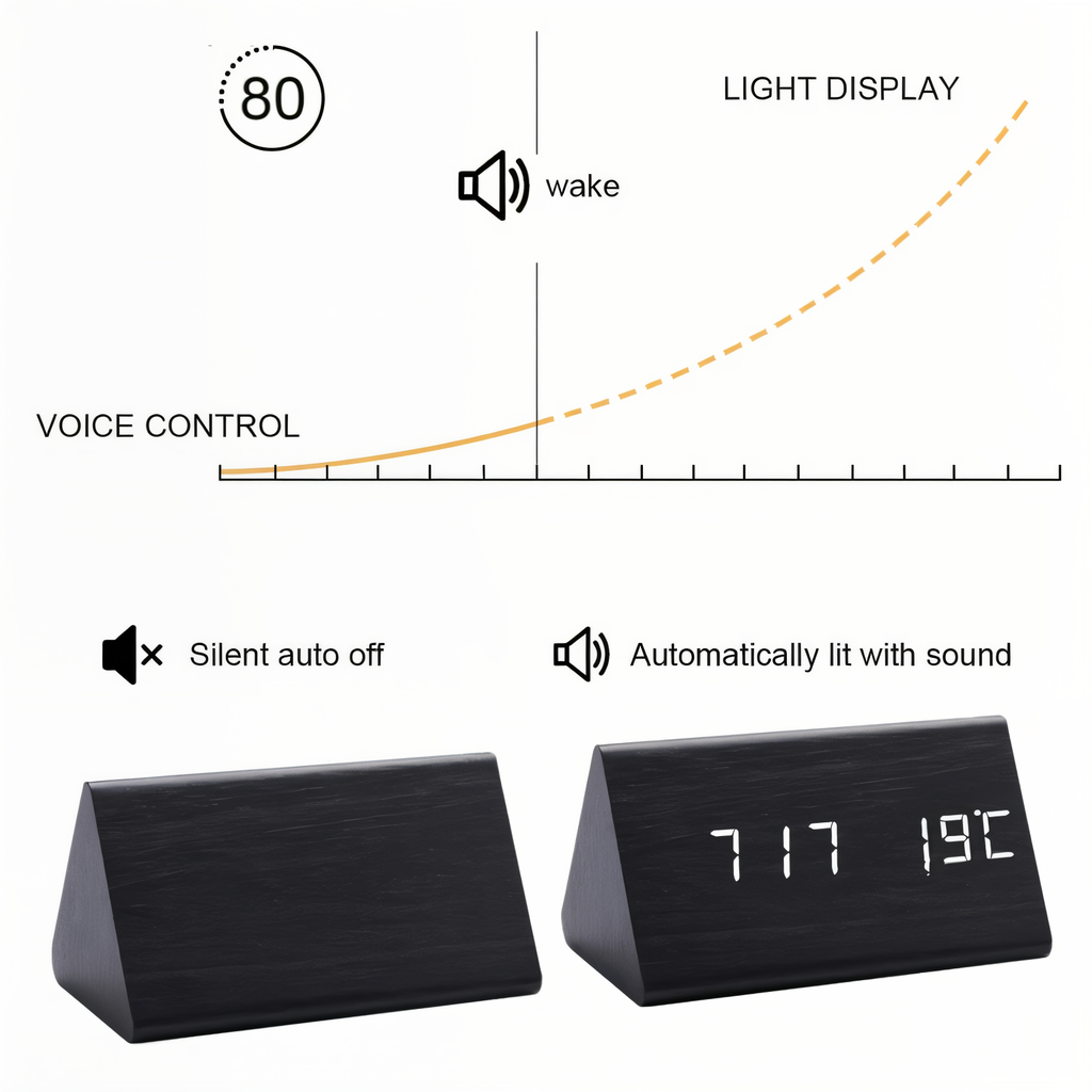 Digital alarm clock with LED time and temperature display and wood-effect front