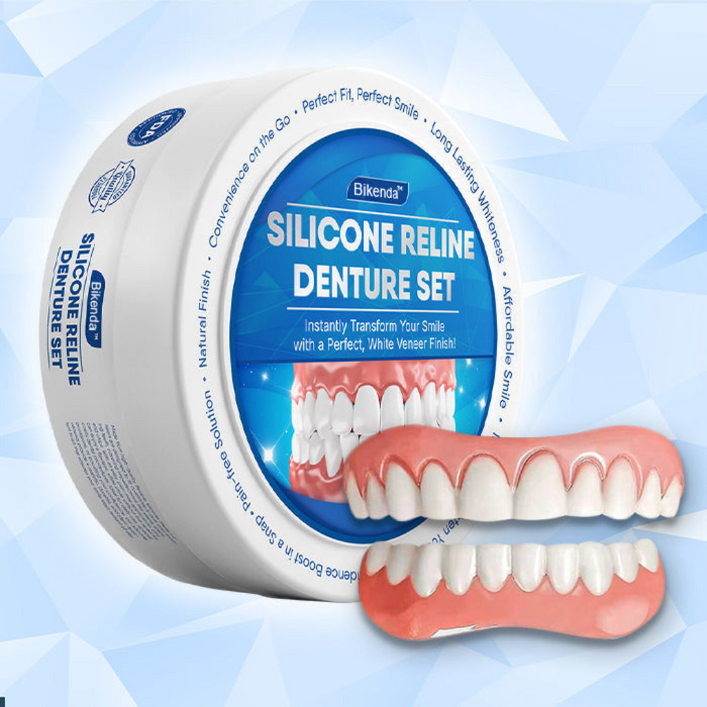 Pink and white silicone reline denture set with upper and lower pieces in a round case