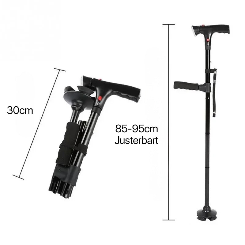 Black folding walking cane with dual handles, alarm, light and multi-point base