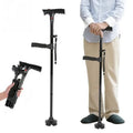 Black folding walking cane with dual handles, alarm, light and multi-point base