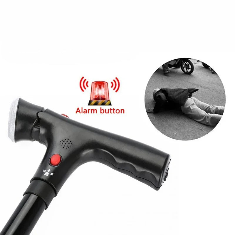 Black folding walking cane with dual handles, alarm, light and multi-point base