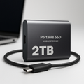 Portable 2TB external SSD with connection cable