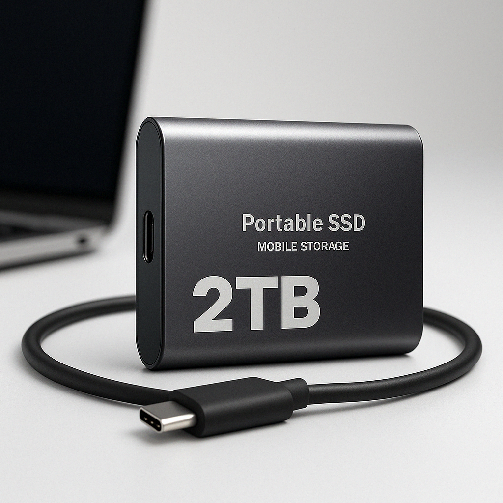 Portable 2TB external SSD with connection cable