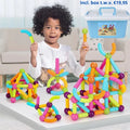 Colourful magnetic building blocks with connecting pieces and storage box