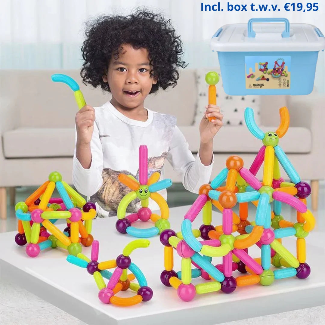 Colourful magnetic building blocks with connecting pieces and storage box