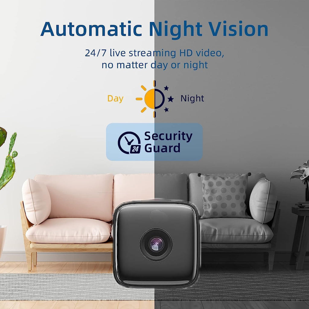 Compact black WiFi security camera with wide-angle lens