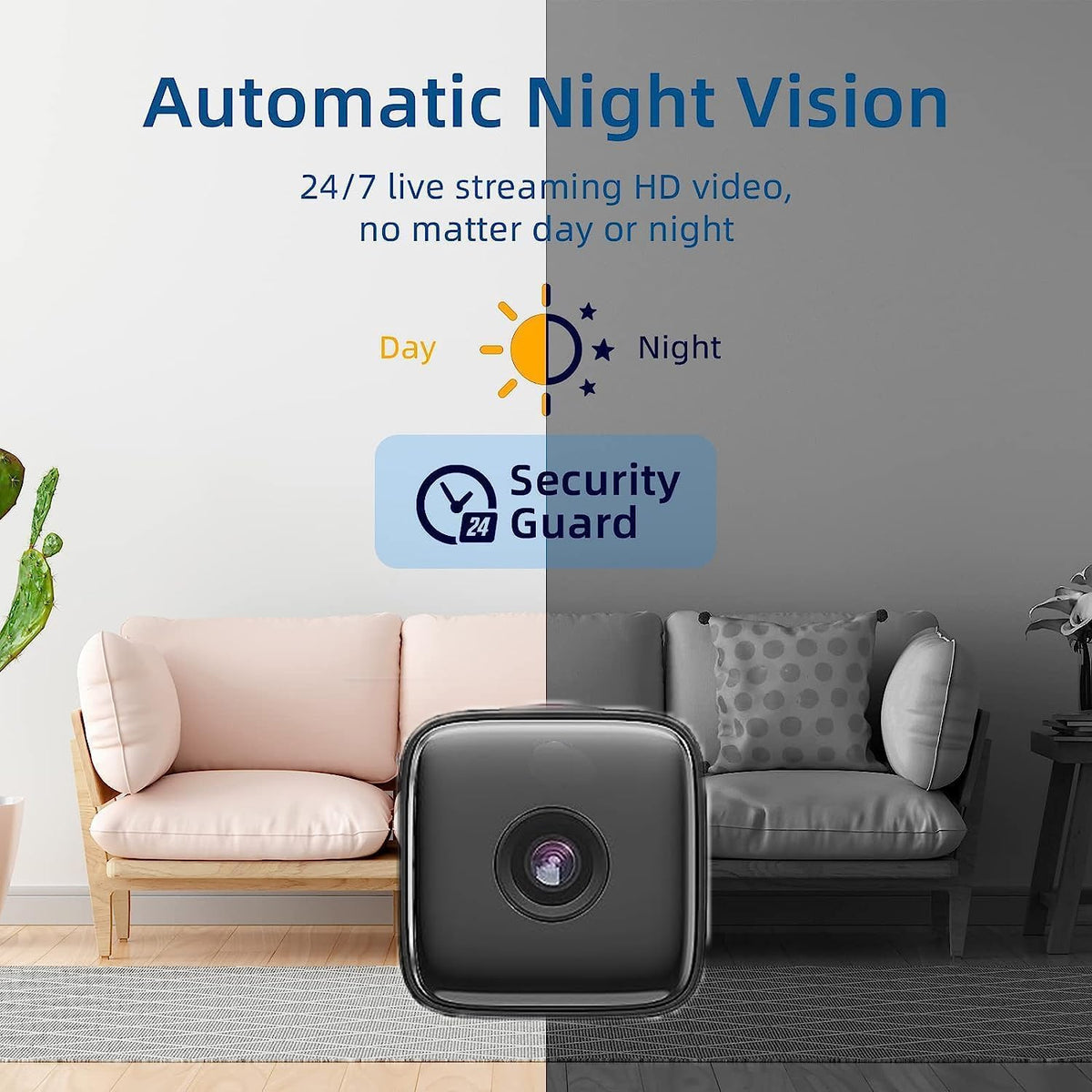 Compact black WiFi security camera with wide-angle lens