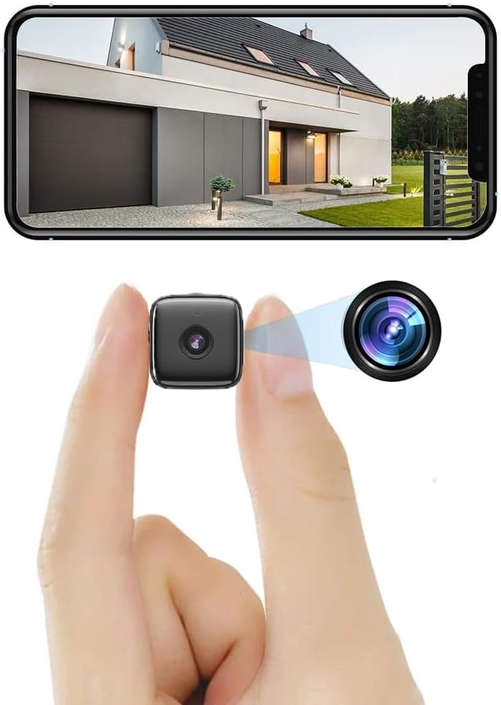 Compact black WiFi security camera with wide-angle lens