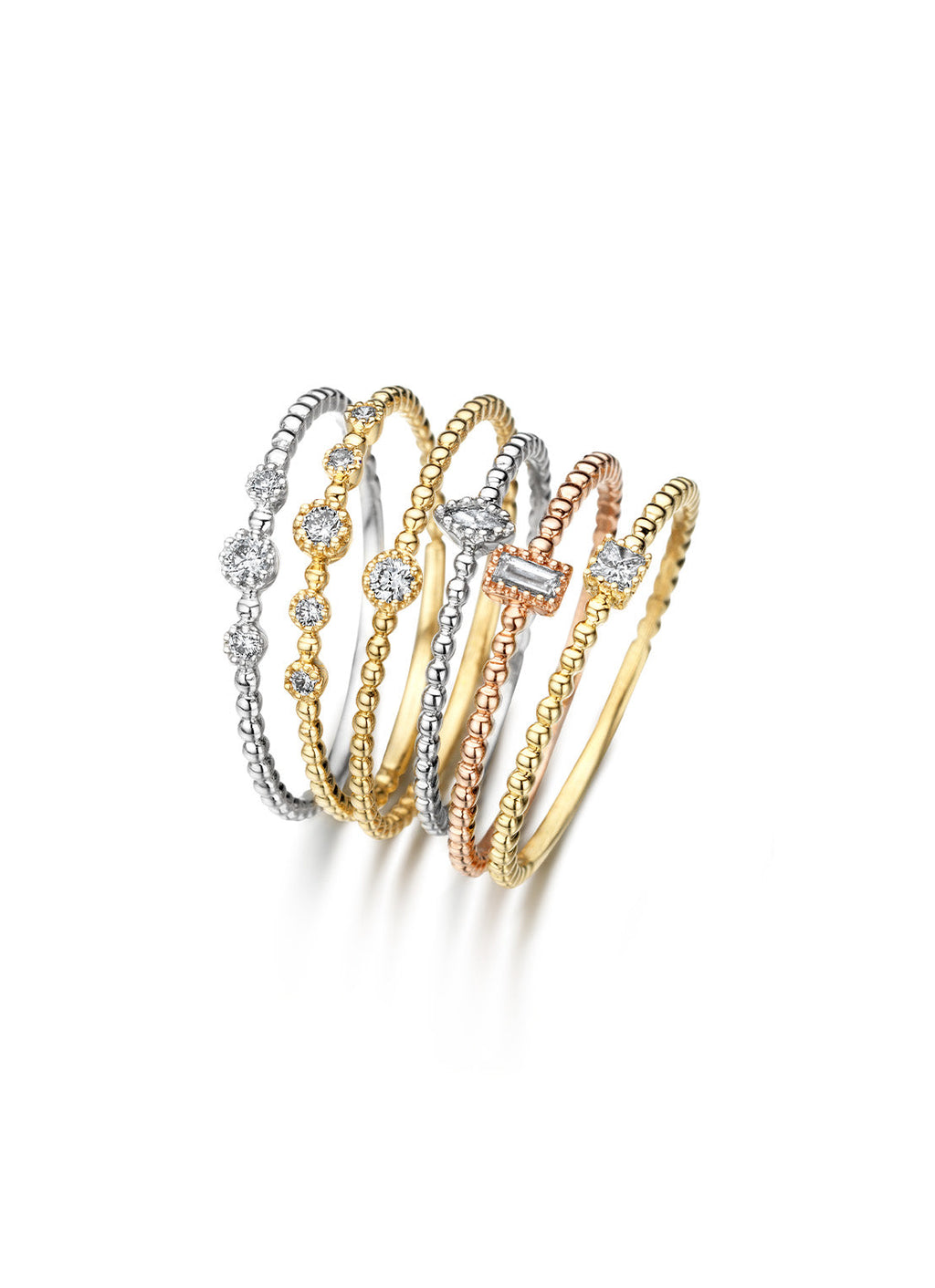 Yellow gold ring with beaded band and three diamond-set accents