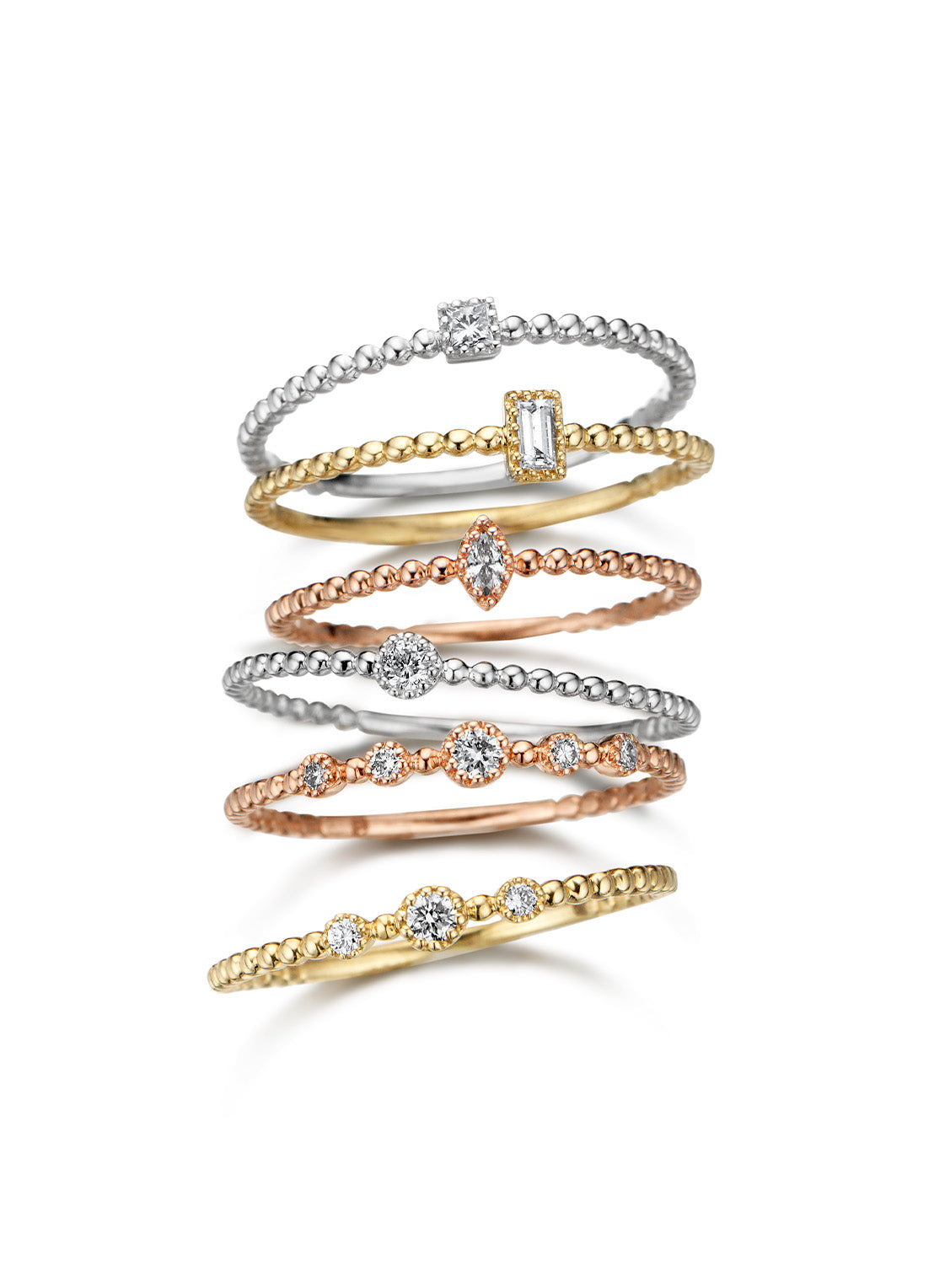 Yellow gold ring with beaded band and three diamond-set accents