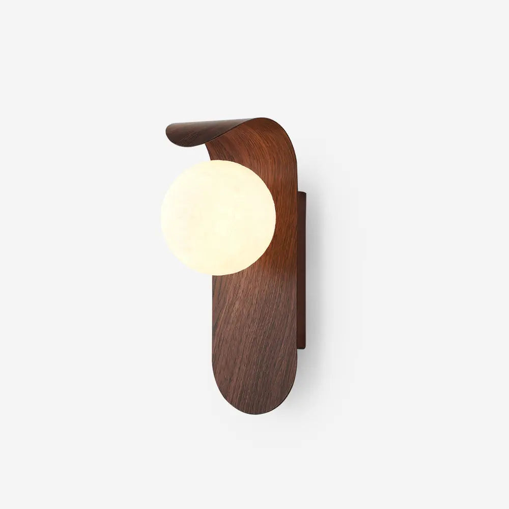 Japandi LED wall light with round globe shade and curved wood-effect panel