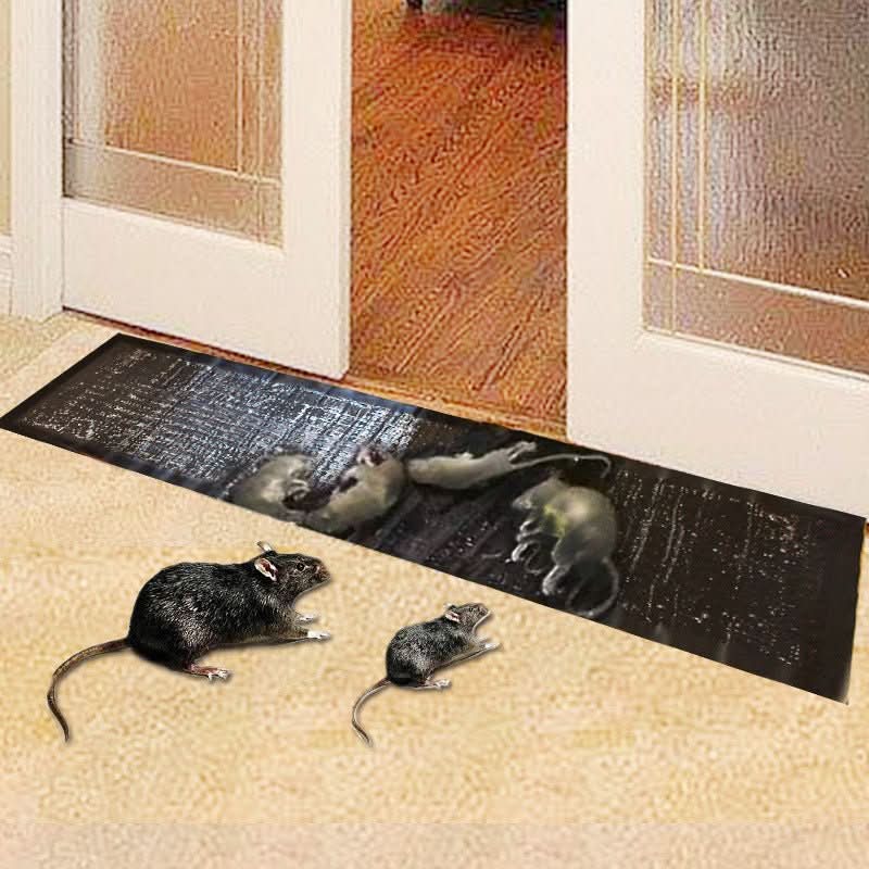 Black rectangular rodent pest control mat with a red prohibition symbol