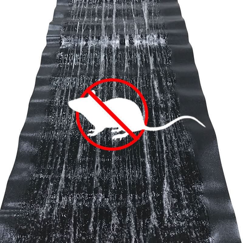 Black rectangular rodent pest control mat with a red prohibition symbol