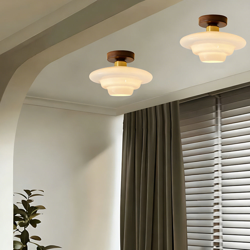 Flush ceiling light with layered white glass shade and walnut-effect ceiling mount