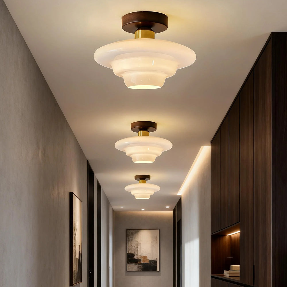 Flush ceiling light with layered white glass shade and walnut-effect ceiling mount
