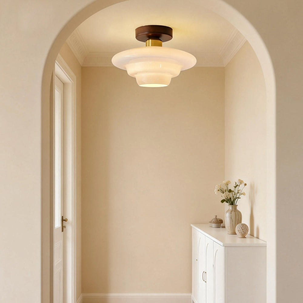 Flush ceiling light with layered white glass shade and walnut-effect ceiling mount
