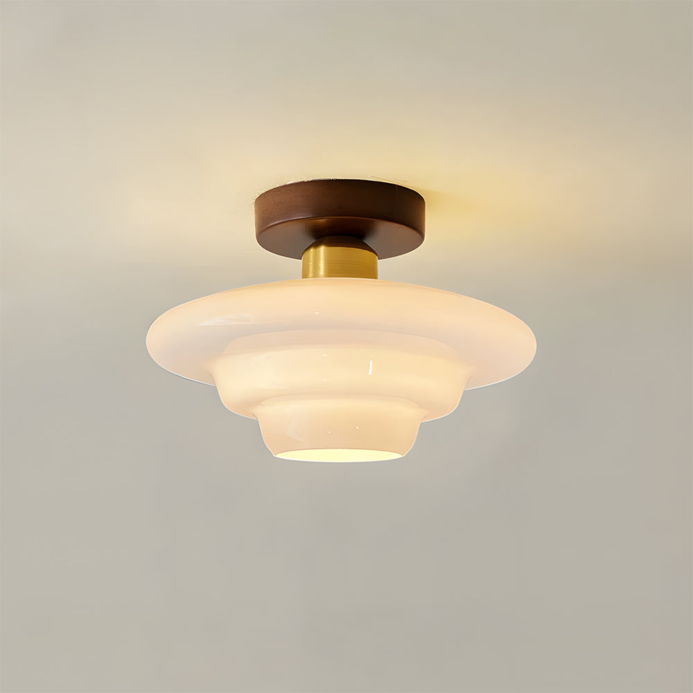 Flush ceiling light with layered white glass shade and walnut-effect ceiling mount