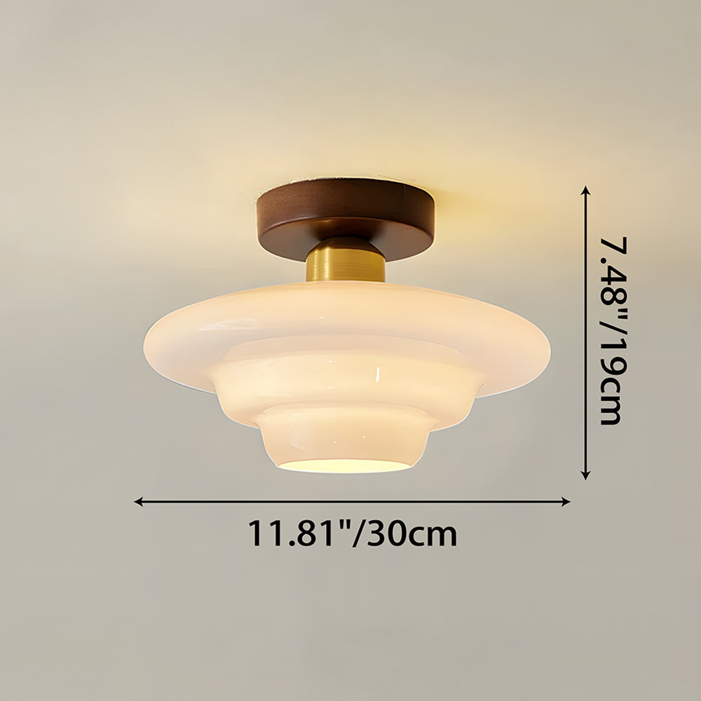 Flush ceiling light with layered white glass shade and walnut-effect ceiling mount