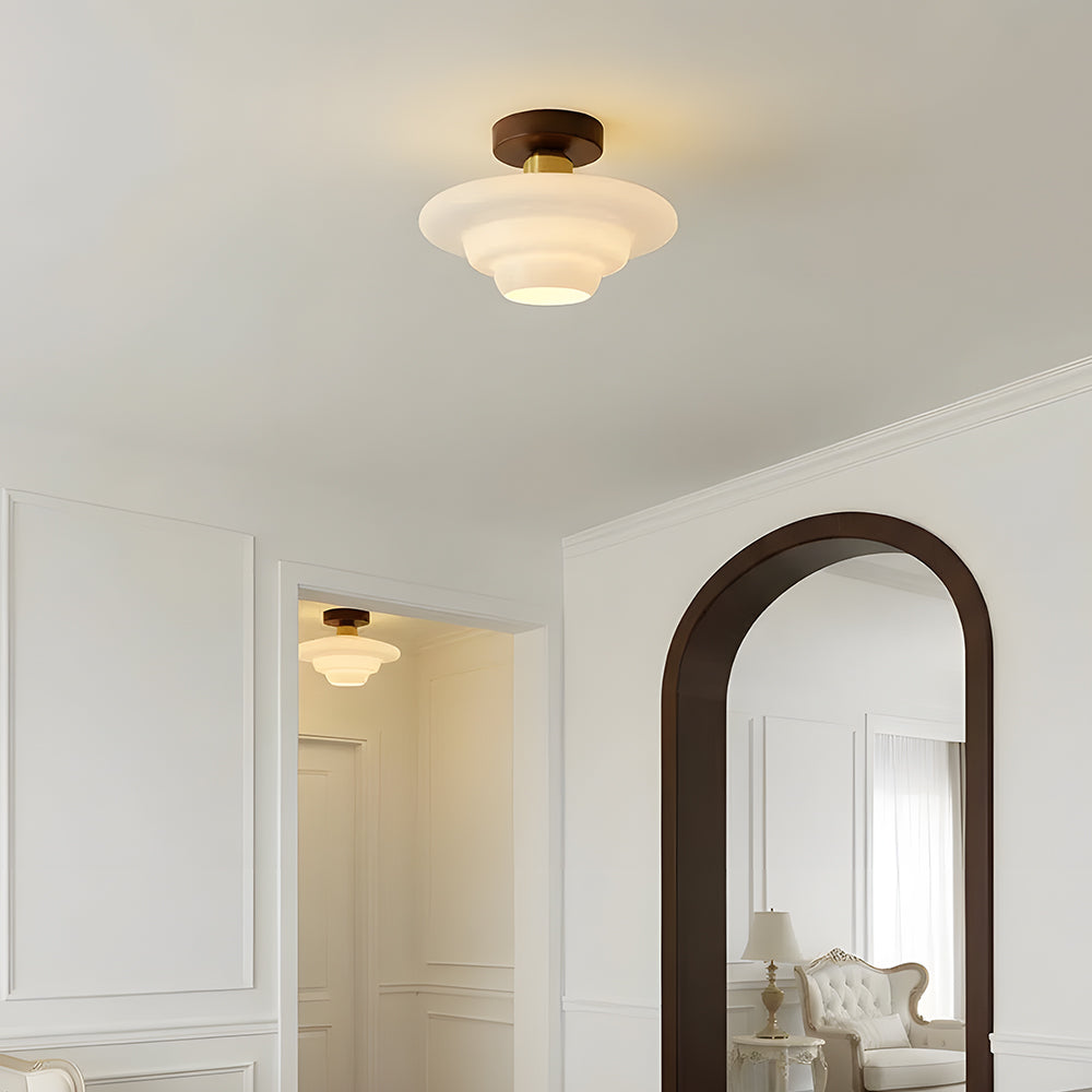 Flush ceiling light with layered white glass shade and walnut-effect ceiling mount